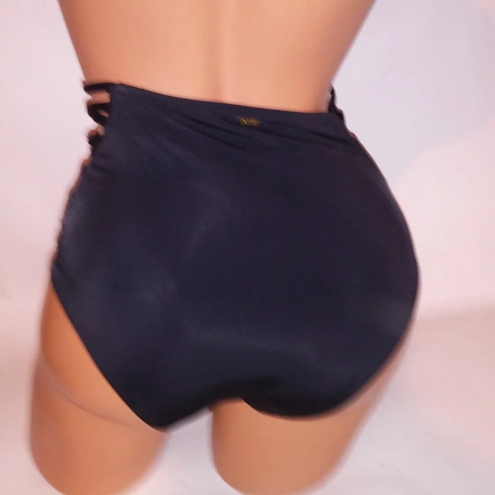 Victoria Secret PINK Swim Bottom Medium High Waist Bikini Solid Black Strappy
